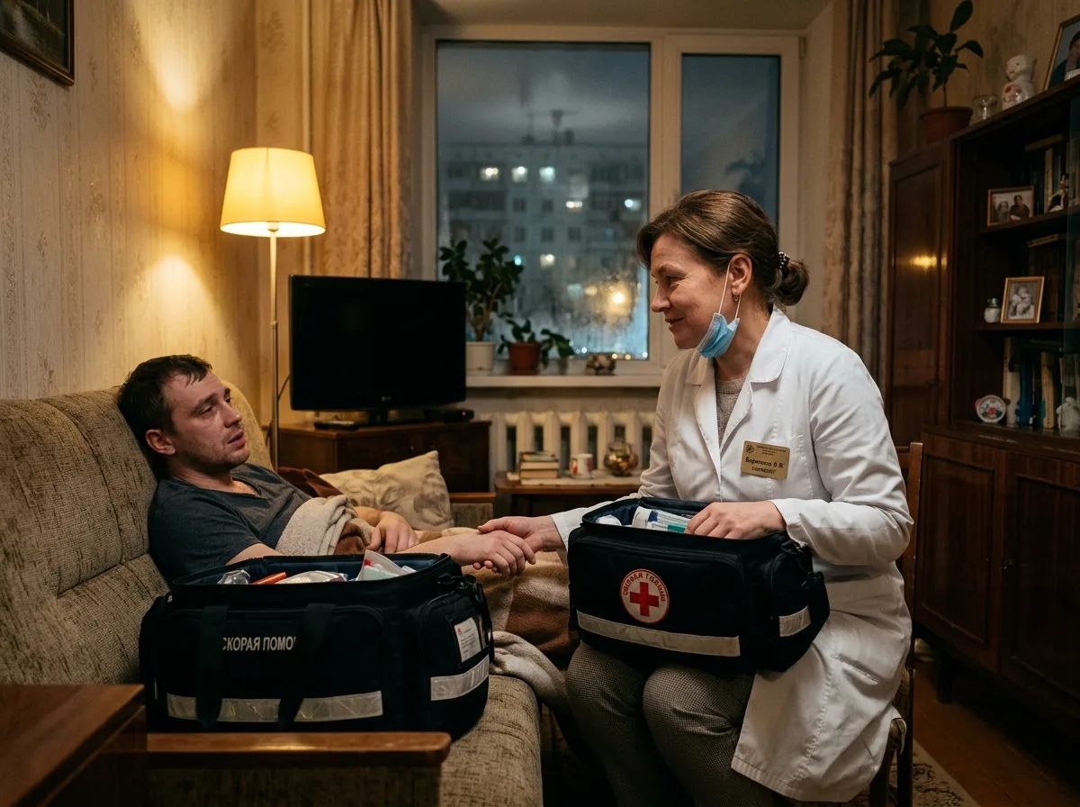 Врач-нарколог в белом халате приезжает на дом к пациенту в Москве, ночь, тёплое освещение квартиры, профессиональная медицинская сумка