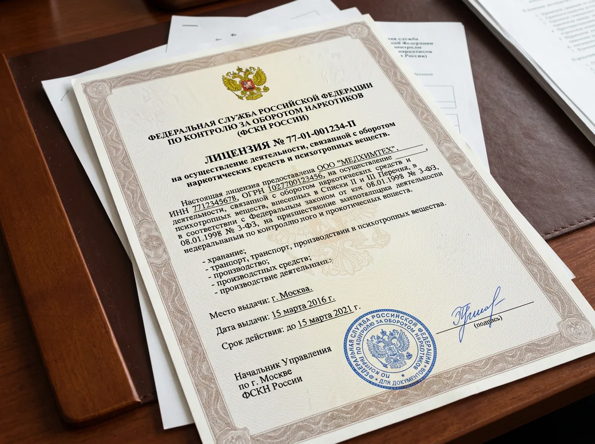 Лицензия ФСНКН России на оборот наркотических средств и психотропных веществ, официальный документ с государственным гербом
