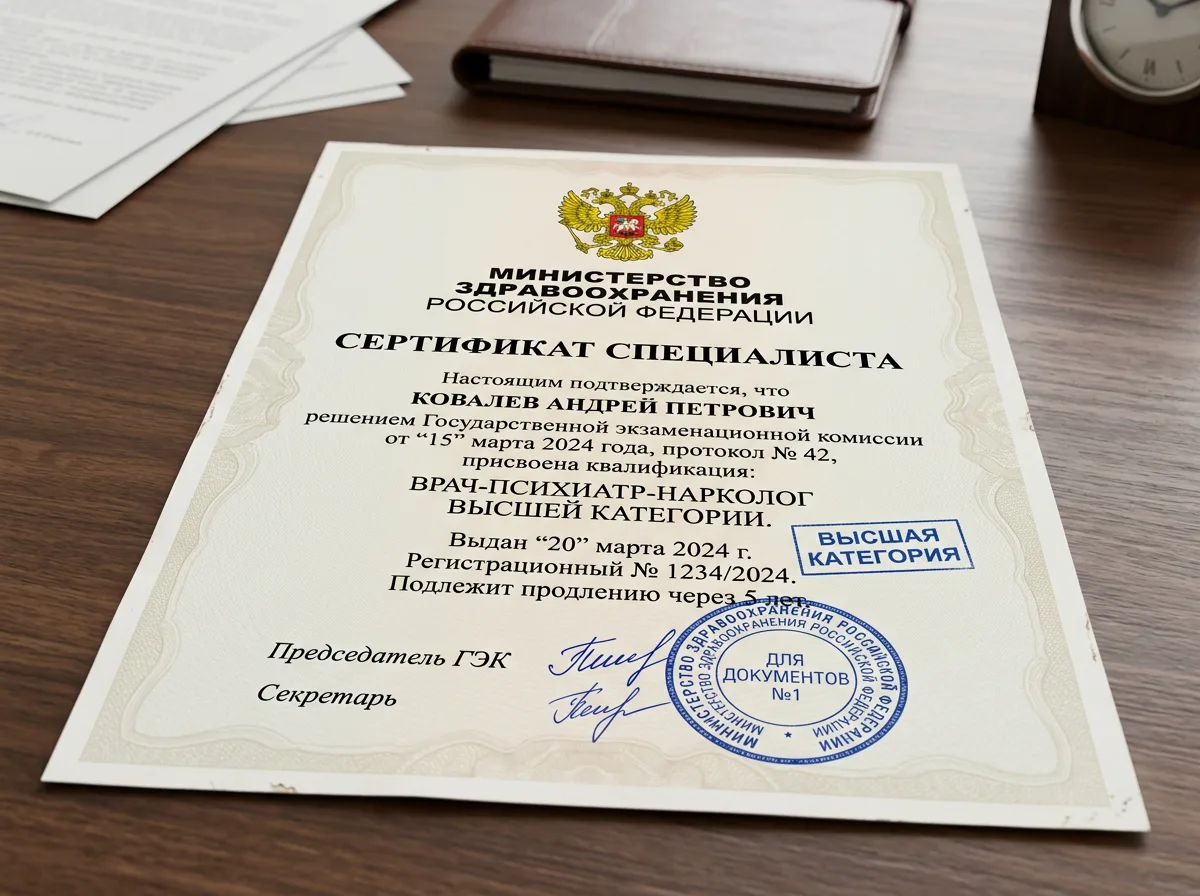 Сертификат специалиста психиатра-нарколога высшей категории, медицинский документ с подписью и печатью министерства