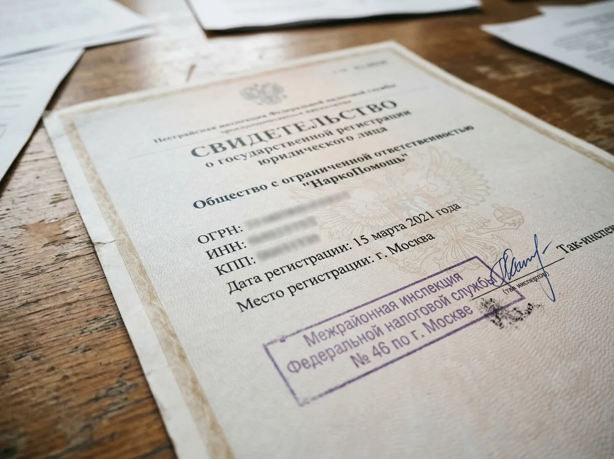 Свидетельство о государственной регистрации юридического лица ООО НаркоПомощь Москва, документ с печатью налоговой службы
