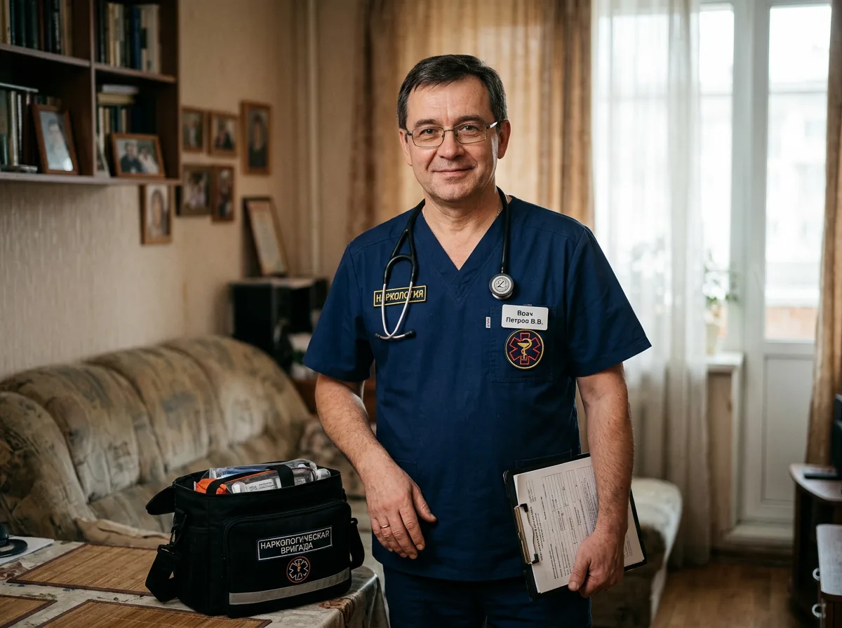 Врач-нарколог мужчина в синей медицинской форме с фонендоскопом, выездная бригада, профессиональный медицинский портрет