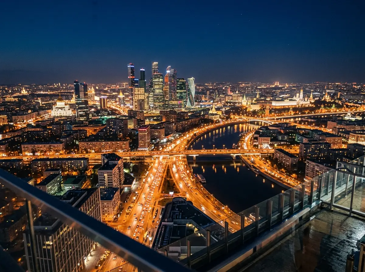 Ночная Москва с высоты, огни города, синее небо, тёплая атмосфера мегаполиса, вид сверху